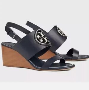 BNIB Tory Burch Metal Miller 65mm Wedge Size 7 Navy